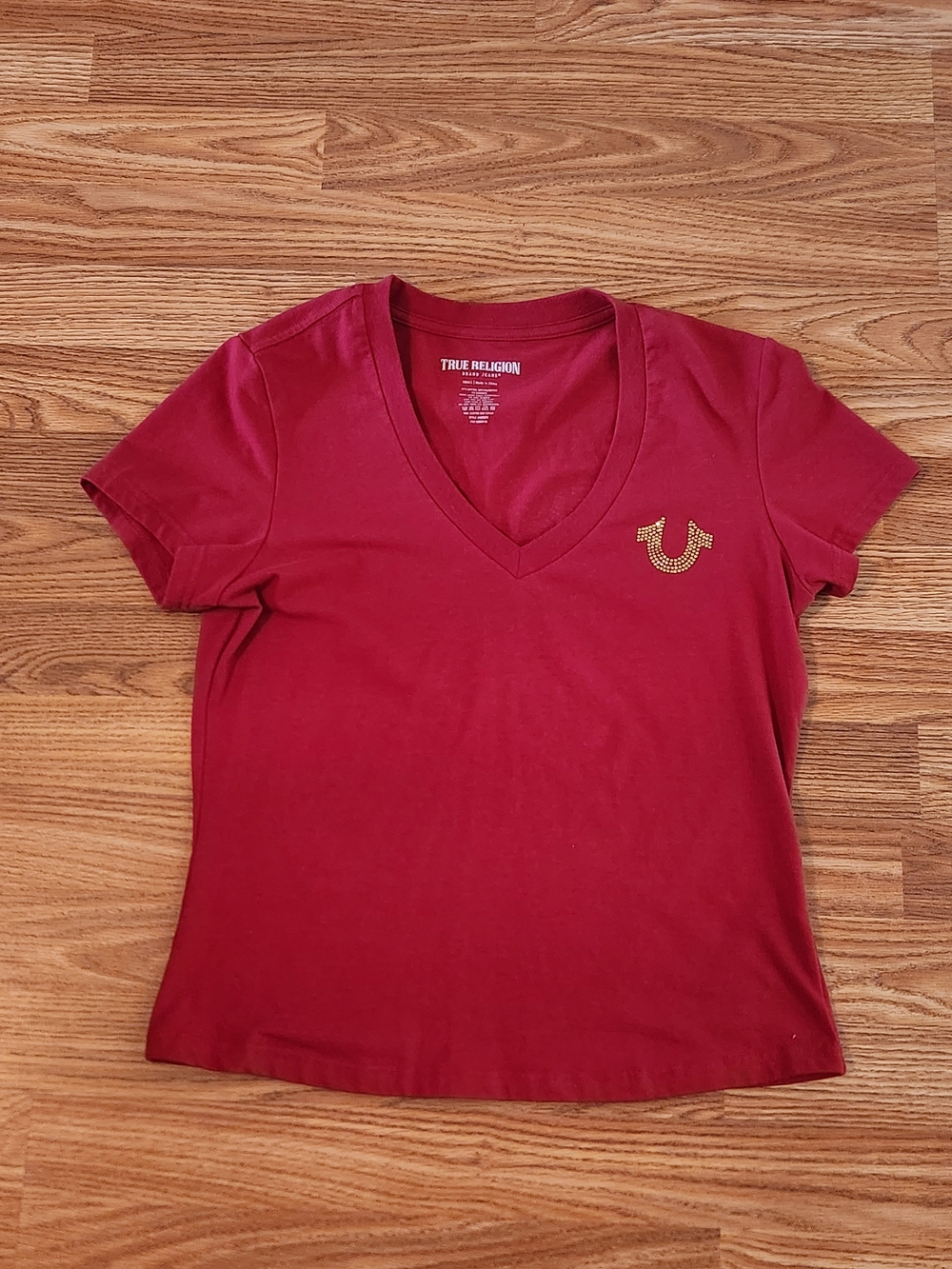 True Religion Women's Red V-Neck Logo Tee